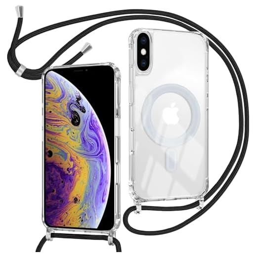 ZYIMOU für iPhone XS/iPhone X Hülle mit Band Kompatibel mit MagSafe, Transparent Magnetische Handyhülle mit Kordel zum Umhängen Handyband Stossfest Schutzhülle，Kette Schwarz