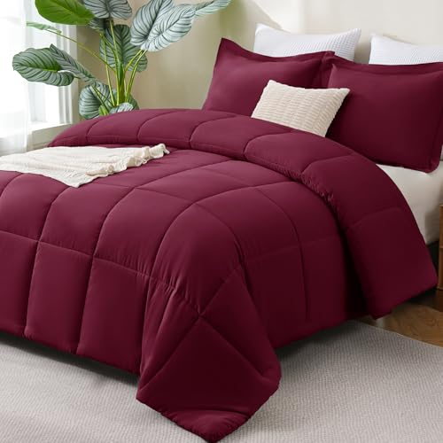 CozyLux Full Size Comforter Sets - 270GSM Burgundy Bedding Sets for All Seasons 3 Pieces Box Stitched Bed Set with 1 Down Alternative Comforter and 2 Pillow Shams Soft Lightweight Breathable