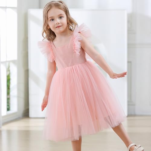 Image of Tutu.kk Toddler Girls Vintage Party Dress Ruffled Sleeve A-Line Tulle Flower Girl Dresses for Wedding,Birthday