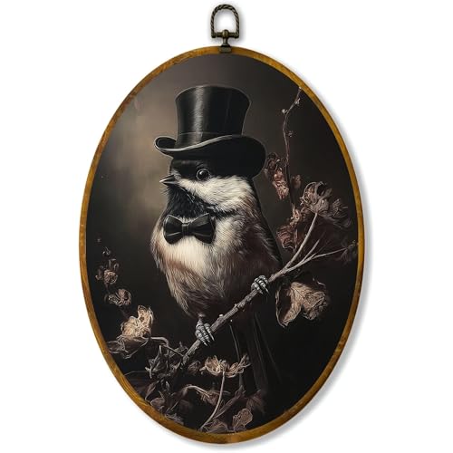 zewepri Dapper Chickadee Oval Wall Art, Gothic Gentleman Bird, 8.5x11.5