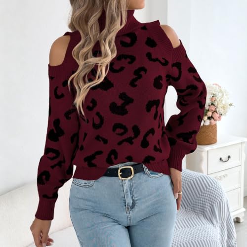 Women's Leopard Print Turtleneck Long Sleeve Cold Shoulder Knit Sweater - image 3