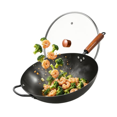 Image of 13" Carbon Steel Wok Pan & Glass Lid,Pre-Seasoned Flat Bottom Nitrided Wok