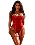 ohyeahlady Babydoll Dessous für Frauen Body Damen Sexy Spitze Strapsen Dessous Set Große Größen Erotische Unterwäsche Curvy Teddy Bodysuit Transparent Garter Lingerie mit Druckknöpfen Rot XL-XXL