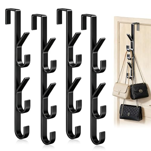 RTSHUK 4 Stück Handtaschen Aufbewahrung 5 Haken Handtaschenhalter Türhaken Handtasche Aufbewahrung Haken Vertikaler Türhaken zum Einhängen für Krawatten Handtaschen Schals Tücher (Schwarz)