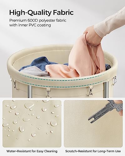 SONGMICS Round Laundry Cart, Laundry Hamper on Wheels, with Steel Frame and Removable Bag, 4 Casters and 2 Brakes, Cream and Silver Color URLS01MZ