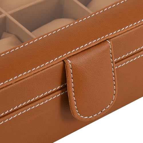 Image of BOXXO 12 Slot Watch Organizer Box for Men & Women - Premium PU Leather Watch Case, Soft Velvet Cushions & Glass Lid Display, Elegant Storage Box - 34x20x8 cm (Tan & Brown (Transparent), 12 Slots)