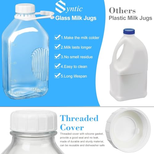 Syntic 4 Pack Glass Water Bottles for Fridge, Half Gallon Milk Jugs with Airtight Lids, 64 Oz Water Bottles, Juice Jugs, Extra Lids, 2 Silicone Dispenser Caps, Stickers, Gaskets and Handles by Syntic - Image 5