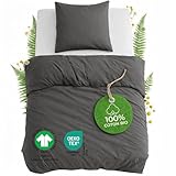 Dreamzie - Housse de Couette 135x100 cm et 1 Taie 40x60 cm Coton Bio - Percale 180 TC - Parure de lit Enfant Anthracite - Respirante et Douce - Oeko-Tex & GOTS