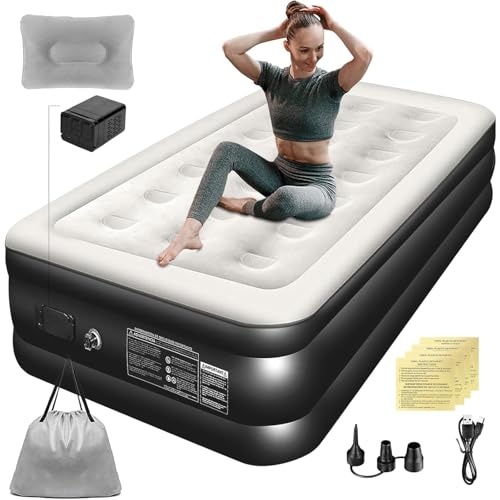 Trailabo Colchão Inflável Solteiro 1,91*1M com Bomba de ar Elétrica Recarregável Embutida, Almofadas Infláveis, com Inflação e Deflação Rápidas e Automáticas, para Famílias e Camping (Preto e Branco)
