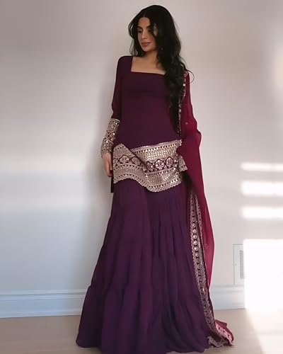Image of Georgette Sharara Set with Embroidered Top, Royal Blue, 3-Piece Suit with Dupatta, Sequins and Cording Work