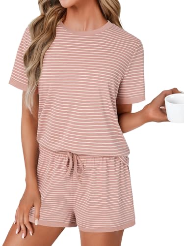 Image of LYANER Pajama Set for Women 2 Piece Lounge Set Striped Crew neck Short Sleeve Tops and Shorts Soft Sleepwear