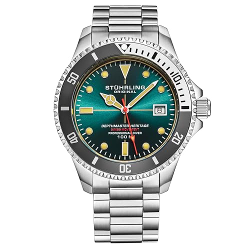 Stuhrling Original Depthmaster Heritage Diver Men’s Watch 42mm Stainless Steel, Swiss Quartz Dive Watch for Men, Teal Dial, 100M Water Resistant, Rugged Outdoor Watch for Swimming & Daily Use