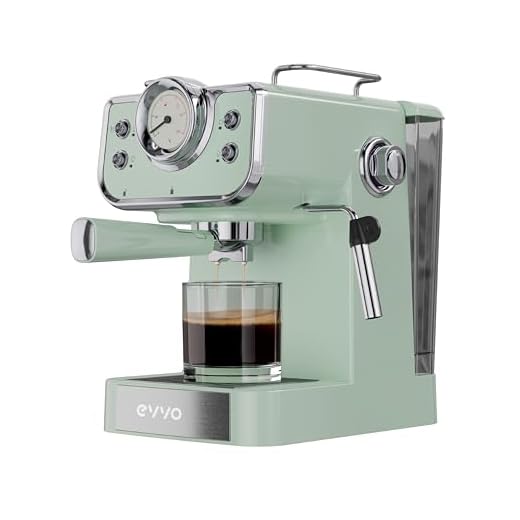 EVVO Cafetera Express Intensa Retro, 15 bares, Acabado Vintage, Cuerpo de Acero, Espressos y Capuccinos, 950W, Doble salida, Portafiltros, Depósito de 1,5 l, Calentamiento Rápido (Color: Verde Agua)