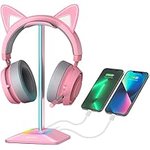 New Bee RGB Headphone Stand with 1 USB-C Charging Port and 1 USB Charging Port, Desk Headset Stand with 7 Light Modes and Non-Slip Rubber Base Suitable for All Earphone Accessories Pink