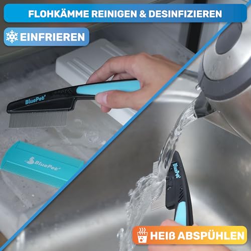 BluePet Flohkamm + Flohkarte Für Hunde & Katzen I Effktiv gegen Flöhe, Läuse & Zecken entfernen I Sanfte abgerundete Zinken I Als feiner Hundekamm, Staubkamm, Nissenkamm nutzbar
