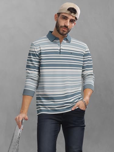 Image of BULLMER Striped Textured Printed Polo Neck Fullsleeve T-Shirt with Rib for Men