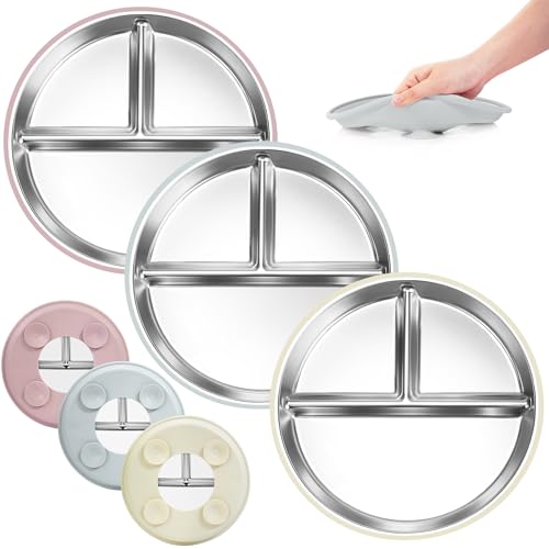 Bella's Friends Stainless Steel Kids Plates Suction Plate for Baby,3 Packs Non-Toxic Divided Toddler Plates,Food-Grade Silicone Plate for Baby,Dishwasher Safe,Grey White Pink