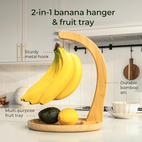 keechee Premium Bamboo Banana Holder with Fruit Tray, Extra Tall 12.9" Banana Hanger Stand for Kitchen Countertop, Sturdy Banana Hook Keeps Fruit Fresh & Bruise-Free, Easy Assembly — view 3