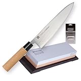 chroma haiku itamae Combi piedra de afilar: (grano 240 (Reparación filo y piedra preafilar) – grano 1000 (afilado normal) Tamaño: XL tamaño de – 18 cm x 6,3 cm x 2,8 cm juego ayuda amolar: acero inoxidable con protector de plástico.