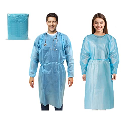 MEDICAL NATION 10 Pack Disposable Isolation Gowns - Blue Level 2 SMS 40gsm Non-Woven Material - PPE Gowns Disposable for Dental, Medical Use, Fluid-Resistant and Latex-Free Gowns, Universal Size