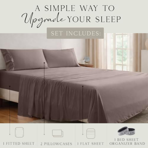 Image of KARISSA MAE Luxury Bamboo Viscose California King Size Sheet Set | FSC Certified | Cooling | Ultra Soft | 18 inch Deep Pockets | Elastic Corner Straps | Includes Organizer Band [Mocha]