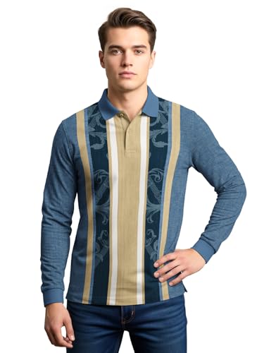 Image of BULLMER White Striped Printed Polo Neck Fullsleeve Tshirt with Rib for Men.