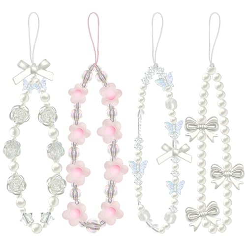 Bryndo - Bryndo 4 Pcs Beaded Phone Charms - Flower, Rose, Butterfly & Bow Phone Bracelet Straps - Handmade Pearl Acrylic Wrist Lanyard for Women Girls Anti-Lost Lanyard(Pink & White) - -33%