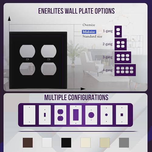 Image of ENERLITES Double Duplex Wall Plate, Two Gang Electrical Outlet Cover, Gloss Finish, Mid-Size 2-Gang 4.88 inch x 4.92 inch, Unbreakable Polycarbonate Thermoplastic, UL Listed, 8822M-BK, Black