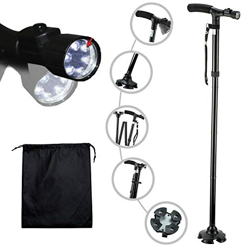 Kitchen Krush Adjustable Folding Walking Cane with LED Light and Cushion Handle, Black, 34
