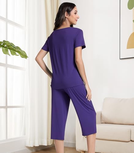 Image of NACHILA Pajamas for Women-Viscose Made from Bamboo, Short Sleeve Sleepwear Soft Capri Pants Pjs Lace V Neck Lounge Sets