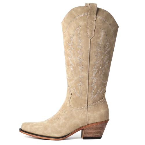 Image of Women's Pointed Toe Mid Calf Cowboy Boots - Cowgirl Boots with Chunky Heel