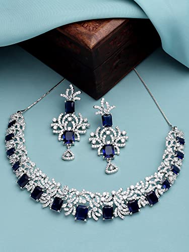 Image of Karatcart Silver Tone Green American Diamond Studded Necklace Set for Women