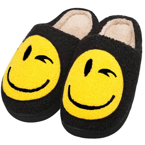 Smile Face Slippers for Women and Men, Retro Comfy Warm Soft Fuzzy Plush Slip-On House Shoes Funny Cute Happy Smile Home Winter Pillow Cloud Foam Fluffy Slipper for Indoor Outdoor,Black Size 12 13