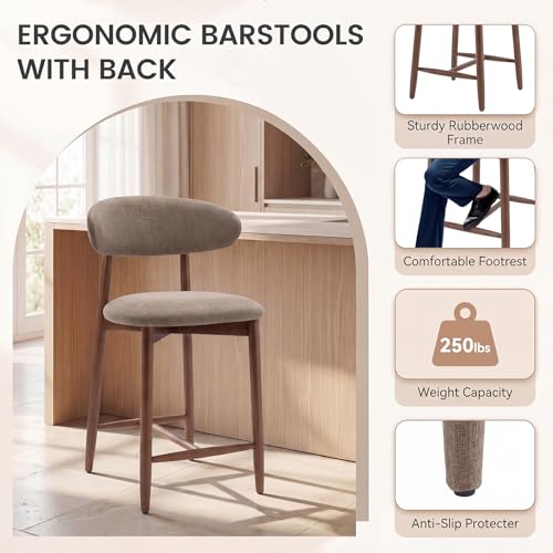 Image of MALOL Counter Height Bar Stools Set of 2, Kitchen Bar Stools with Back, Mid Century Modern Upholstered Barstools with Wood Legs for Kitchen Island Dining Room, Camel
