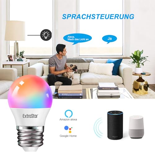 EXTRASTAR Smart Glühbirne E27 G45, Alexa LED WiFi Lampe 2700K-6500K, 4.9W 470LM 16 Millionen Farben WLAN Dimmbar Glühbirne, RGB Birne Kompatibel mit Alexa,Google Home, 2 Stück – Bild 4