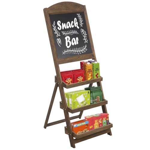 MyGift Rustic Burnt Wood Freestanding Chalkboard Easel with 3-Tiered Display Shelves, Decorative Chalkboard Plant Shelf Stand