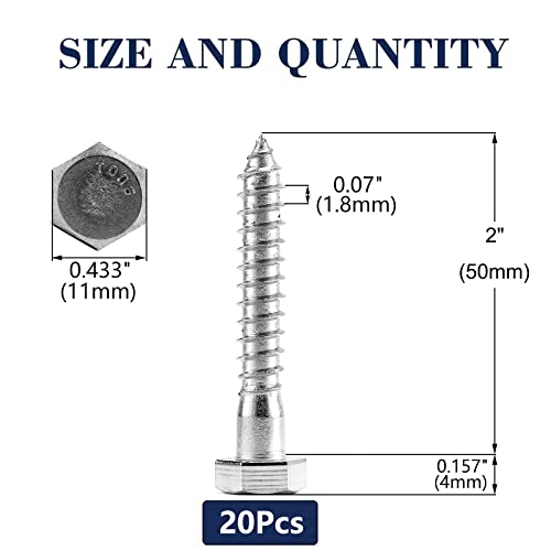 Image of 1 /4 inch x 2 inch Hex Head Lag Screws Bolts 20Pcs 304 Stainless Steel 18-8, Partial Thread, Hexagon Head Wood Screws by SG TZH