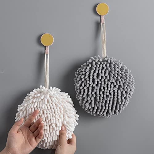 Odoukey Hand Towels, 2pcs Soft Absorbent Fuzzy Ball Towel with Loop, Chenille Bathroom Hand Towels, Quick Dry Handball Towel for Home Kitchen & Bathroom(White+Gray)