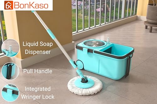 Image of BonKaso Rider 360 Spin Mop with Stainless Steel Wringer, Big Wheels & Adjustable Handle, Easy Floor Cleaning Mop Bucket Set with 2 Microfiber Refills - Sky Blue & Black