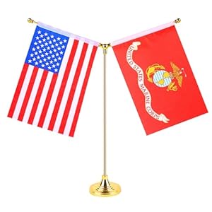 FWIW American USA Marine Corps Flag Marine Corps Desk Flag Small Mini Military Office Table Flags with Stand Base Golden Metal Stick Deluxe Set,US Army Party Festival Events Home Office Decorations