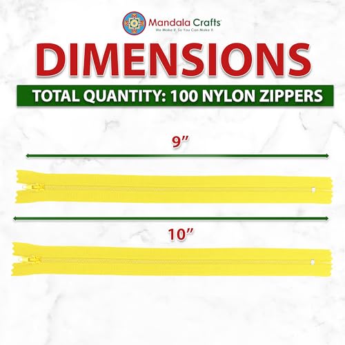 Image of Mandala Crafts 100 PCs Yellow Closed-End 10 Inches Nylon Zippers for Sewing