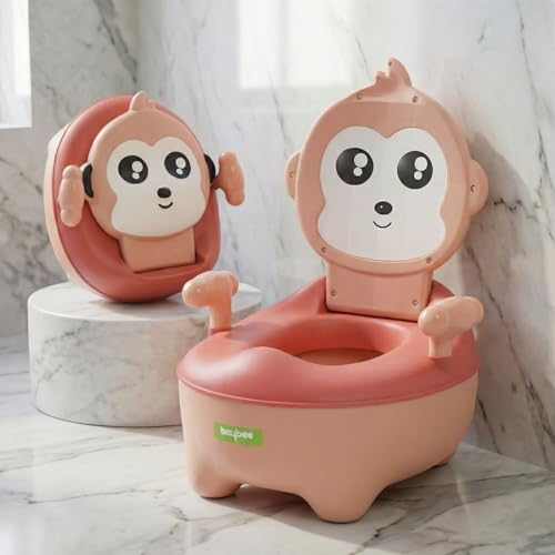 Image of Baybee Monkey Baby Potty Seat for Kids 2 to 5 Years with Back Support | Foldable Toilet Seat with Removable Drawer & Cleaning Brush | Premium Potty Training seat | Kids Toilet Chair Boys Girls (Pink)