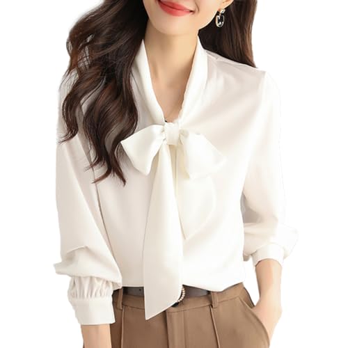 Inzegao Camisa con botones para mujer, blusa de manga larga con lazo para oficina y trabajo, Blanco, M