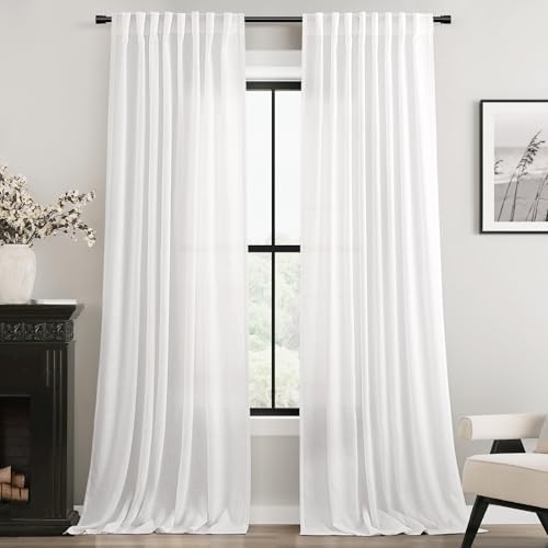 Linen White Curtains 84 inches Long for Bedroom Loop Pocket Privacy Light Filtering Semi Sheer White Boho Farmhouse Curtain Drapes Cotton Textured Modern Elegant Coastal Living Room Decor 60x84