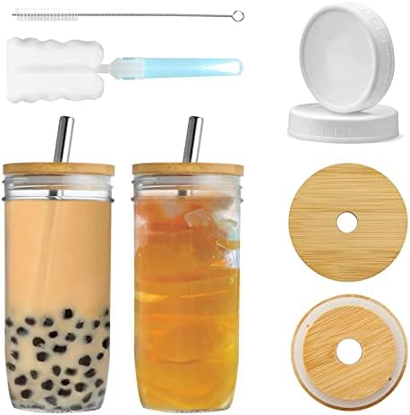 2 Tasses En Verre Liuyoyo Avec Couvercle Bambou Et Paille - Verres Réutilisables Pour Smoothie, Bière, Thé Glacé