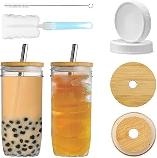 24OZ Mason Jar Drinking Glass,Glass Jars with Lids and Straws Bamboo Lids Metal Straws and Extra Airtight Lids Reusable Boba Cup Iced Coffee Cup for Bubble Tea Smoothie Juice Homemade Drinks 2 Pack