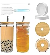 24OZ Mason Jar Drinking Glasses,Glass Jars with Lids and Straws Bamboo Lids Metal Straws and Extr...