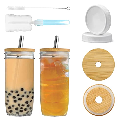YUEYEE Bocaux en Verre Avec Couvercles et Pailles Avec Couvercles en Bambou,Pailles en Métal Hermétiques Réutilisables pour Bubble Tea Cup,Verre 2 Pack 680ml