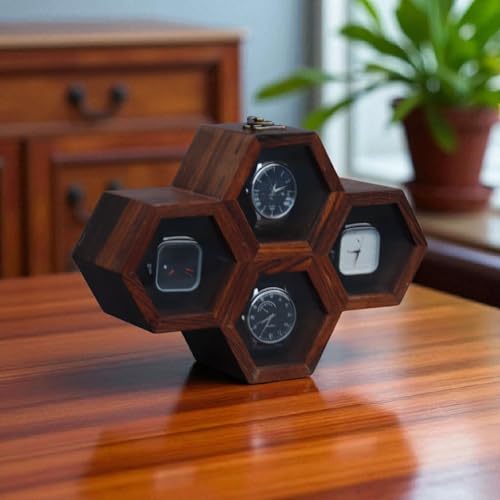 Image of Vintage Wooden Watch Box for Men, Timepiece Display Case, Honeycomb Watch Storage & Organizer, Jewlery Box for Women, Anniversary Gift For Husband (4 Compartments (Other Design))