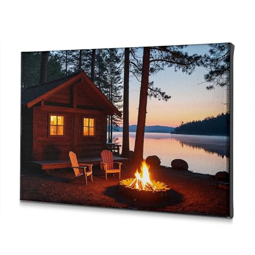 Toile baptême contre les murs vides : décor cabane au bord du lac pour salle de bain